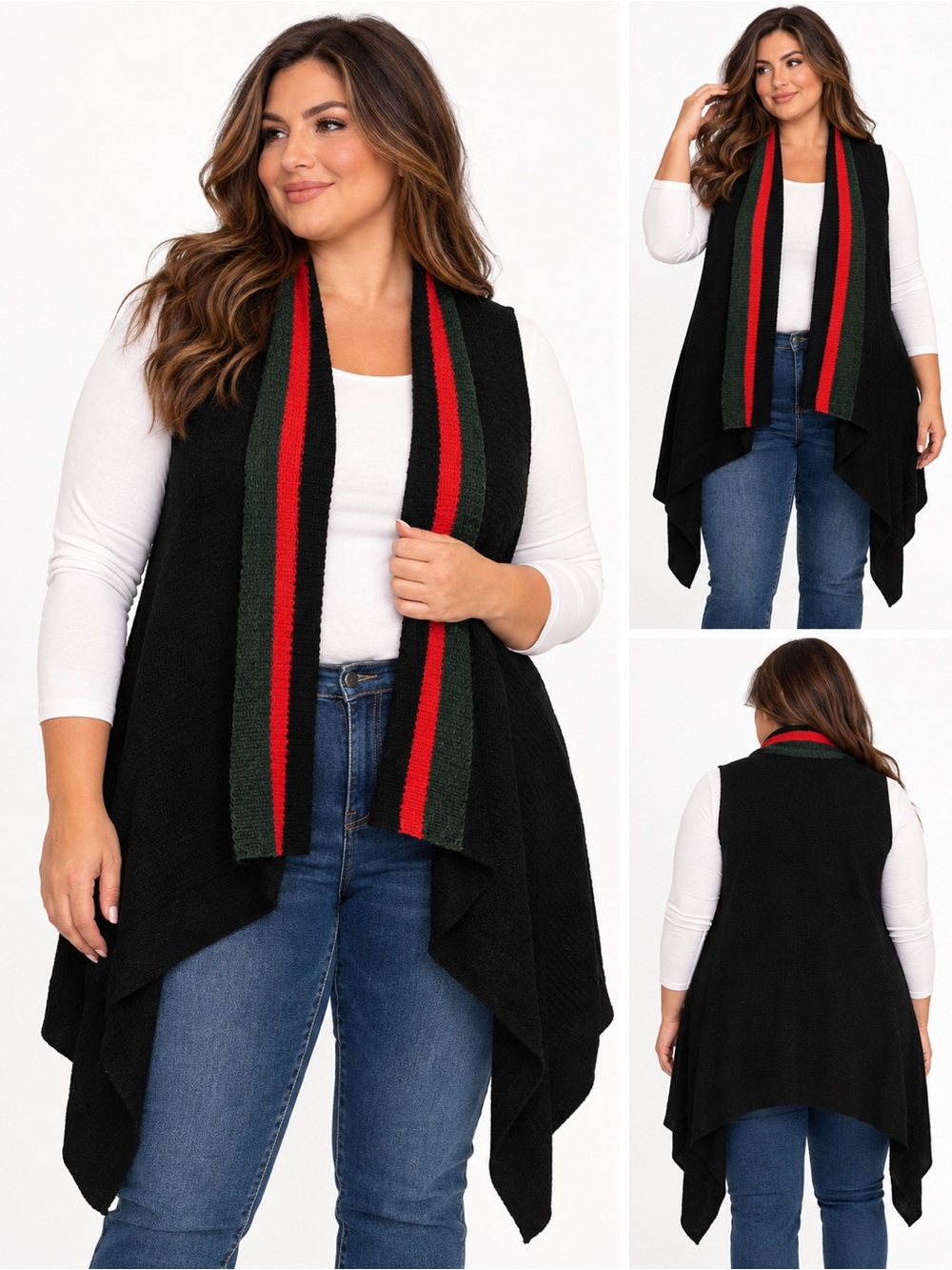 Black Knit Ruana Asymmetric Drape Vest | Holiday Red, Green Striped Boho Drape